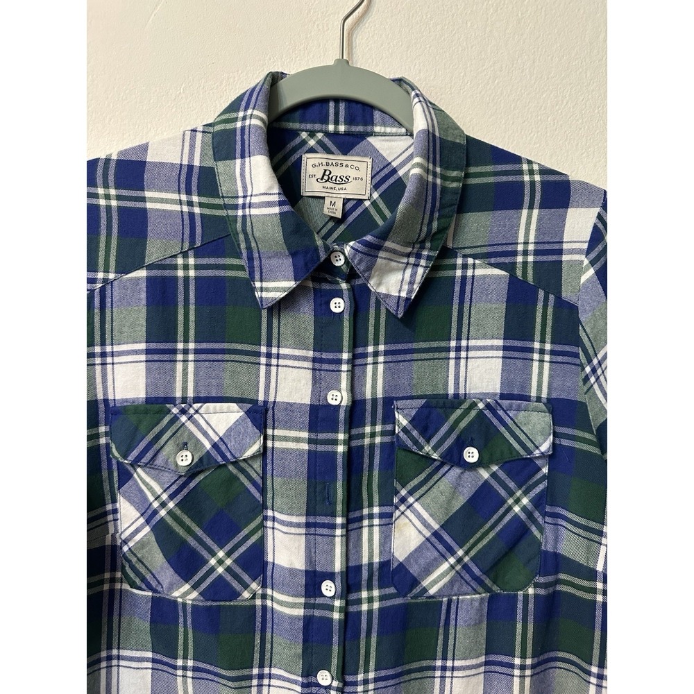 GH Bass Co Women Medium Plaid Button Down Shirt Mixed Media Knit Back Blue Green